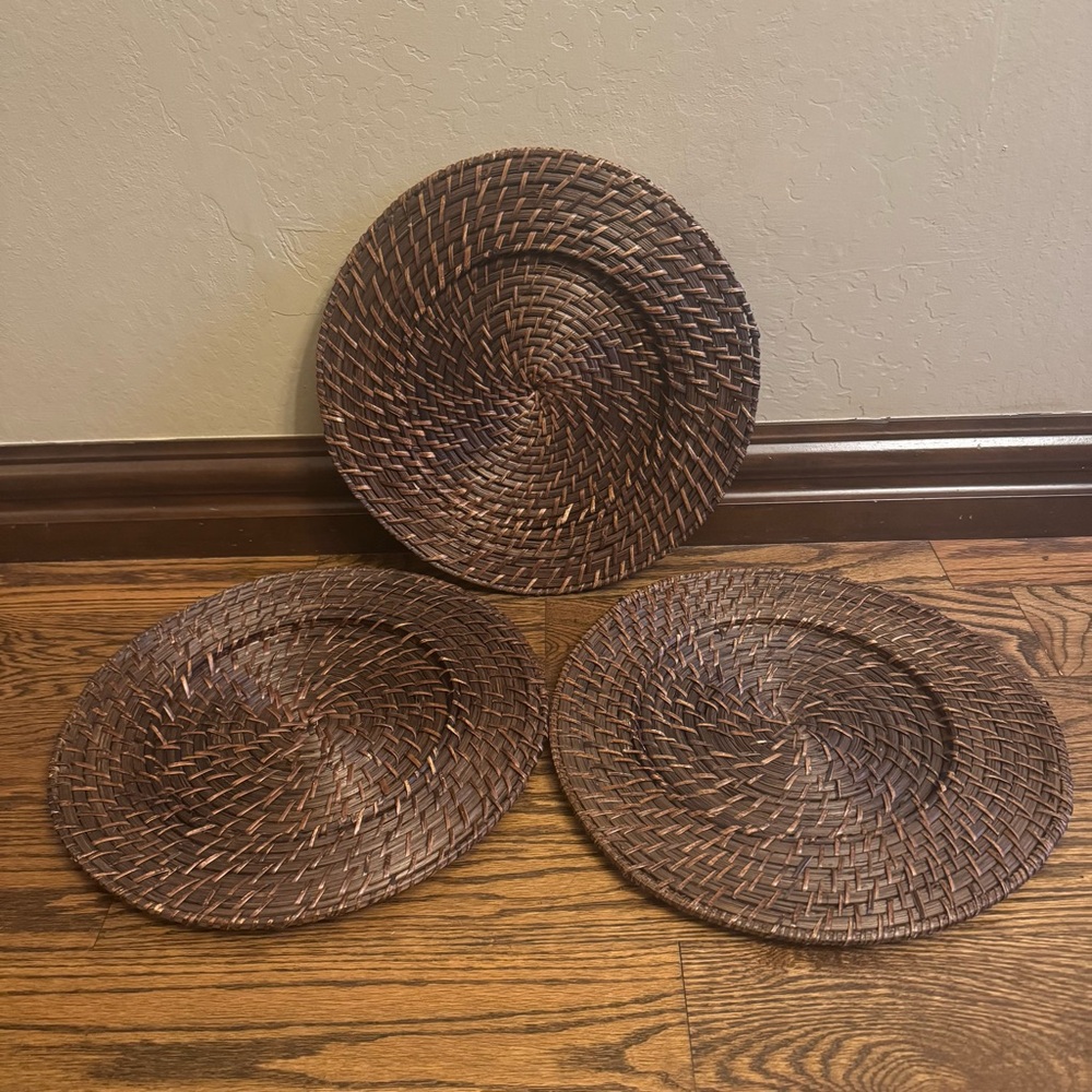 Woven Brown Chargers 13” Dark Rich Tones Set of 3 - Boho Table Decor